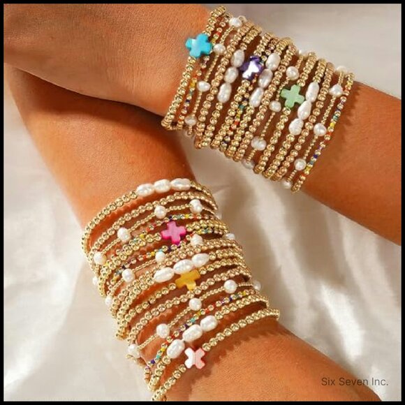 Stretch Beaded Cross Bracelets Stack Set Boho Preppy Trendy Jewelry Gift - Picture 6 of 8